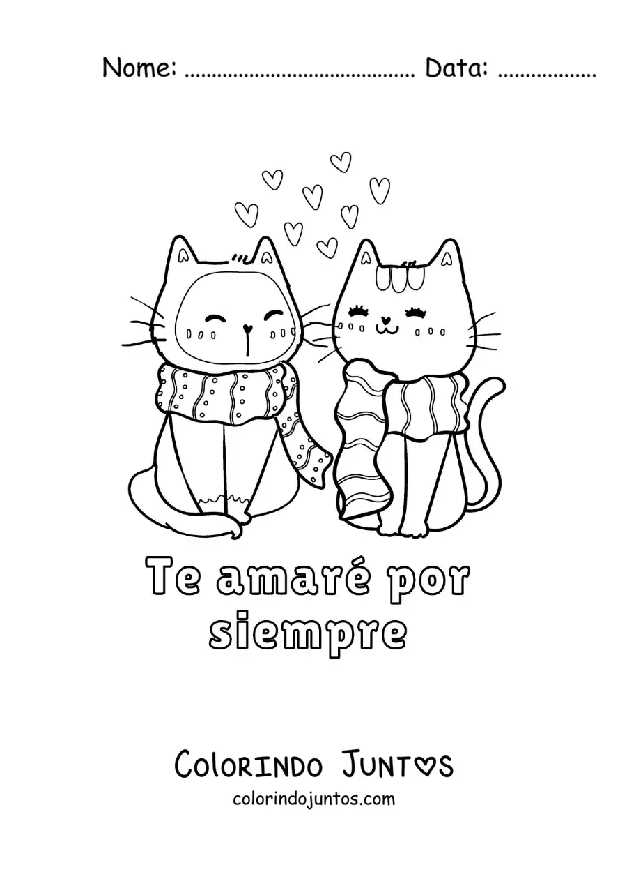 Desenho para colorir de gatos apaixonados e a frase vou te amar para sempre
