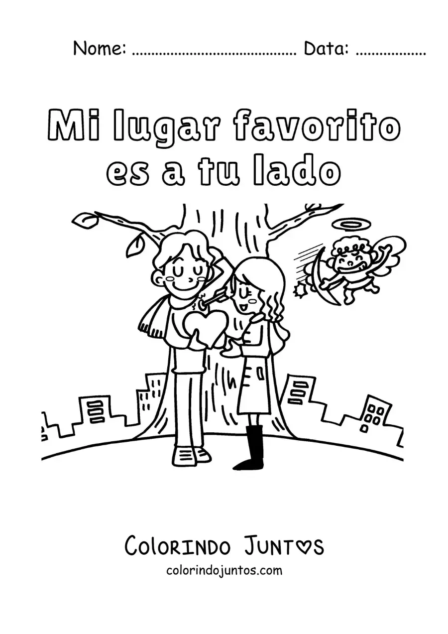 Desenho para colorir de casal debaixo de uma árvore e a frase meu lugar favorito é ao seu lado