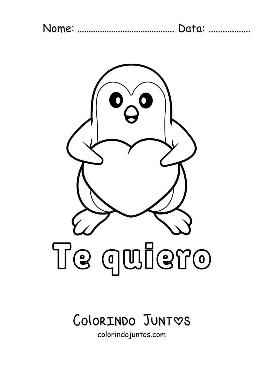 Desenho para colorir de pinguim com um coração e a frase eu te quero