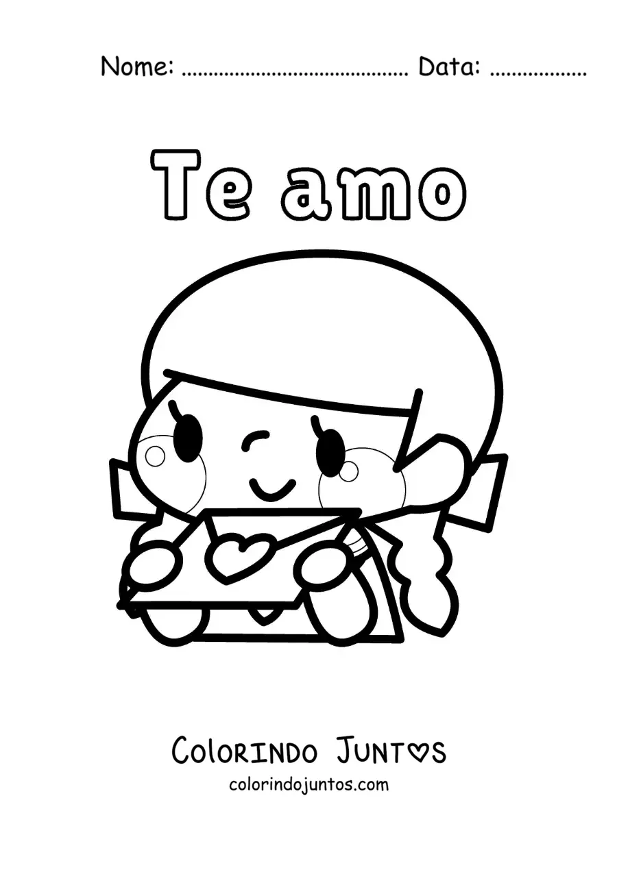 Desenho para colorir de menina com carta de amor e a frase eu te amo