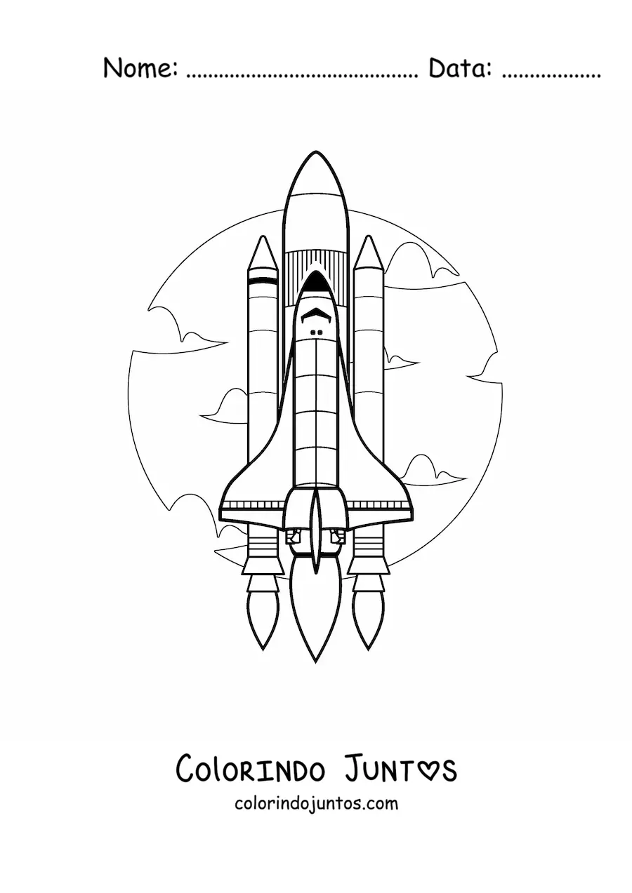 Desenho para colorir de um foguete espacial realista decolando em direcao ao ceu