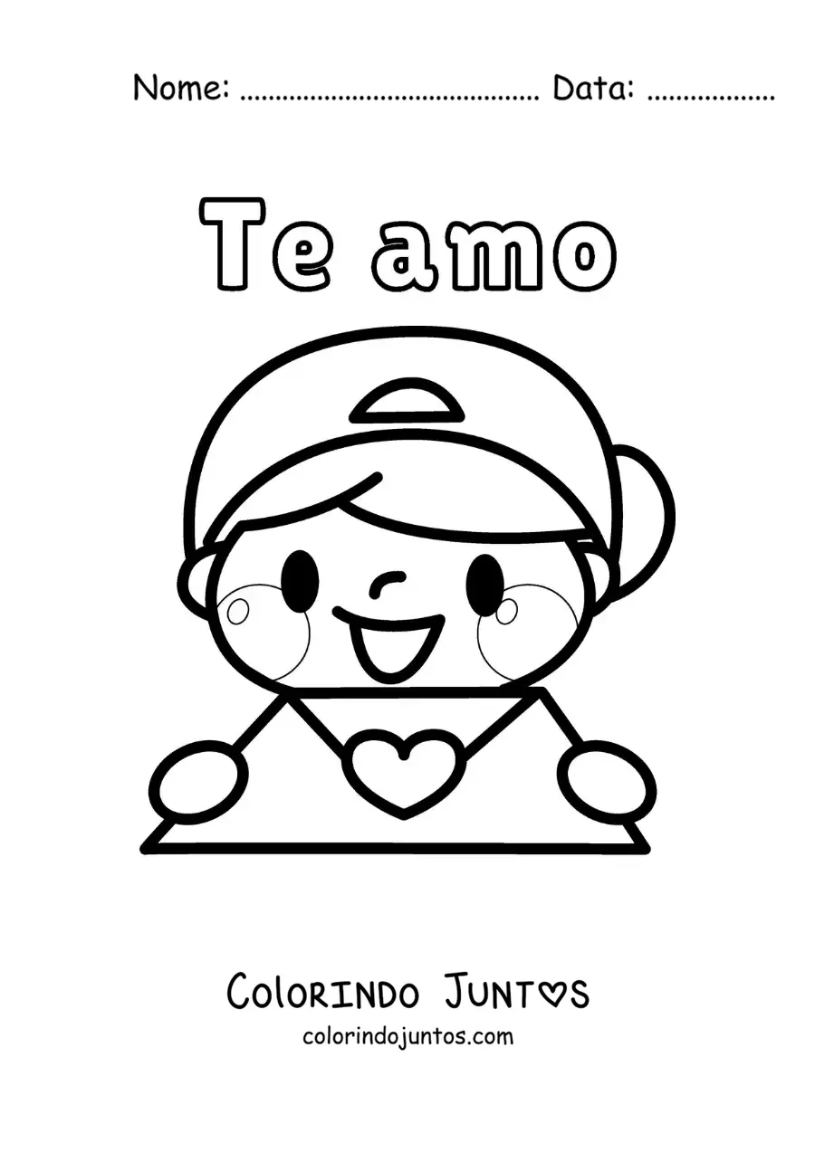 Desenho para colorir de menino com carta de amor e a frase eu te amo