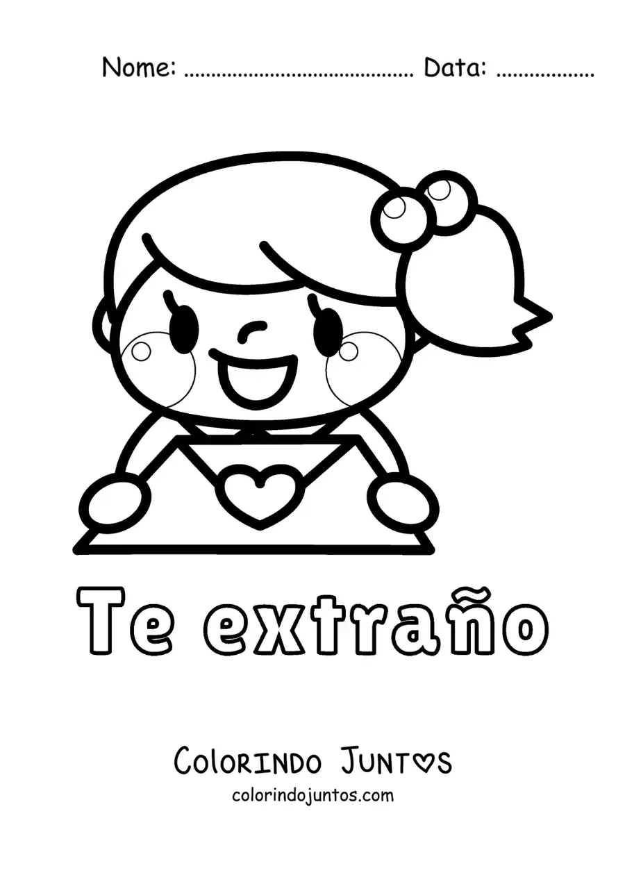 Desenho para colorir de menina com carta de amor e a frase sinto sua falta