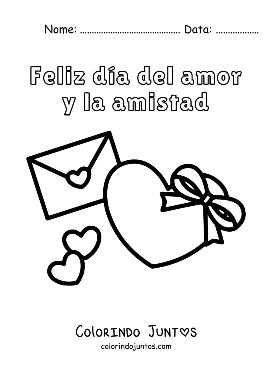 Desenho para colorir de coração com carta de amor e a frase feliz dia dos namorados