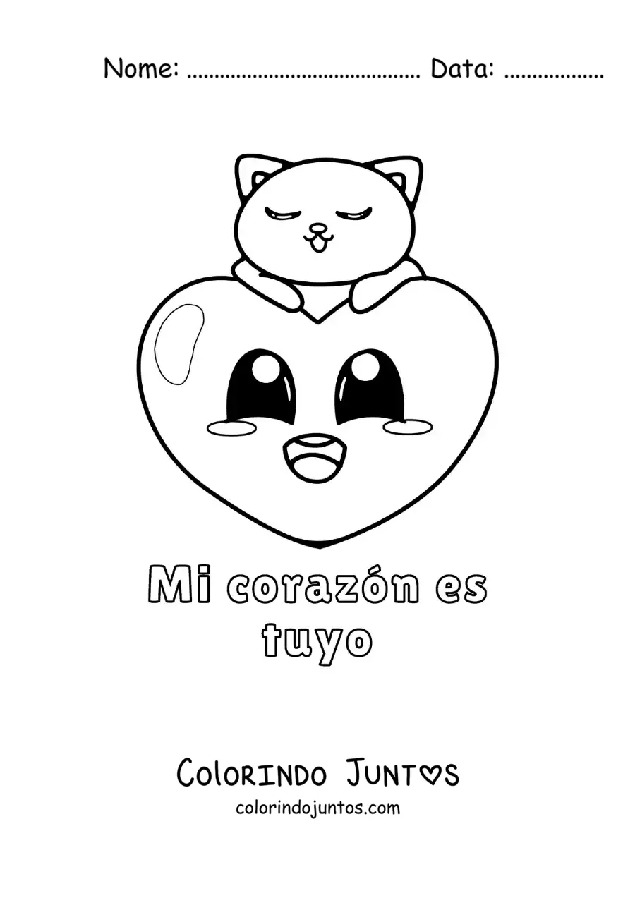 Desenho para colorir de gato com um coração e a frase meu coração é seu