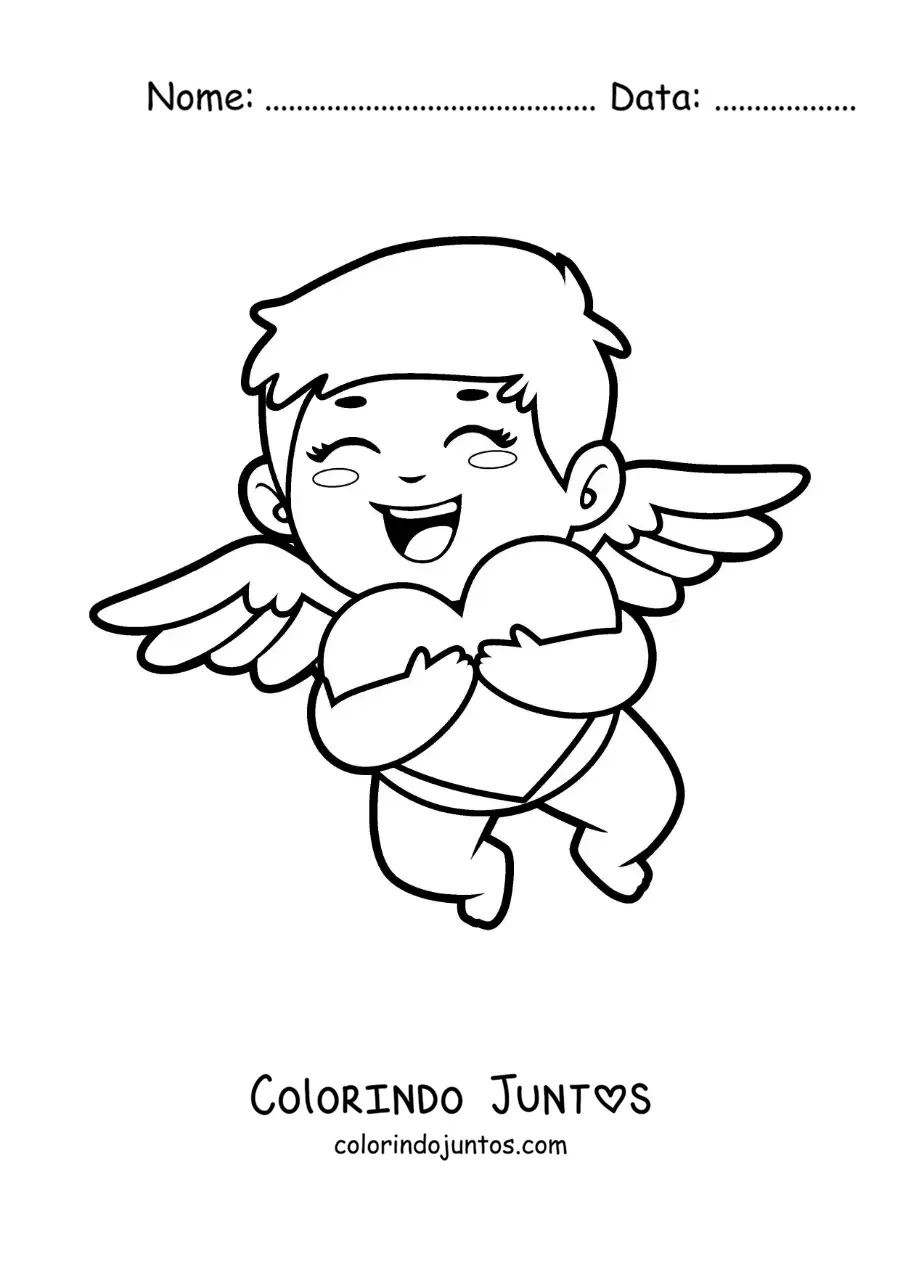 Desenho para colorir de cupido abraçando um coração