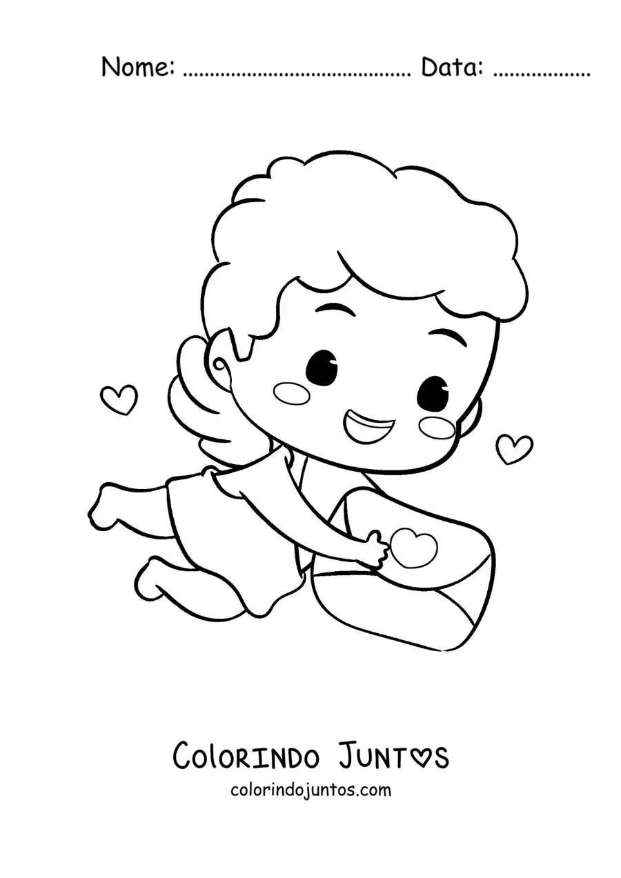 Desenho para colorir de cupido com uma carta de amor