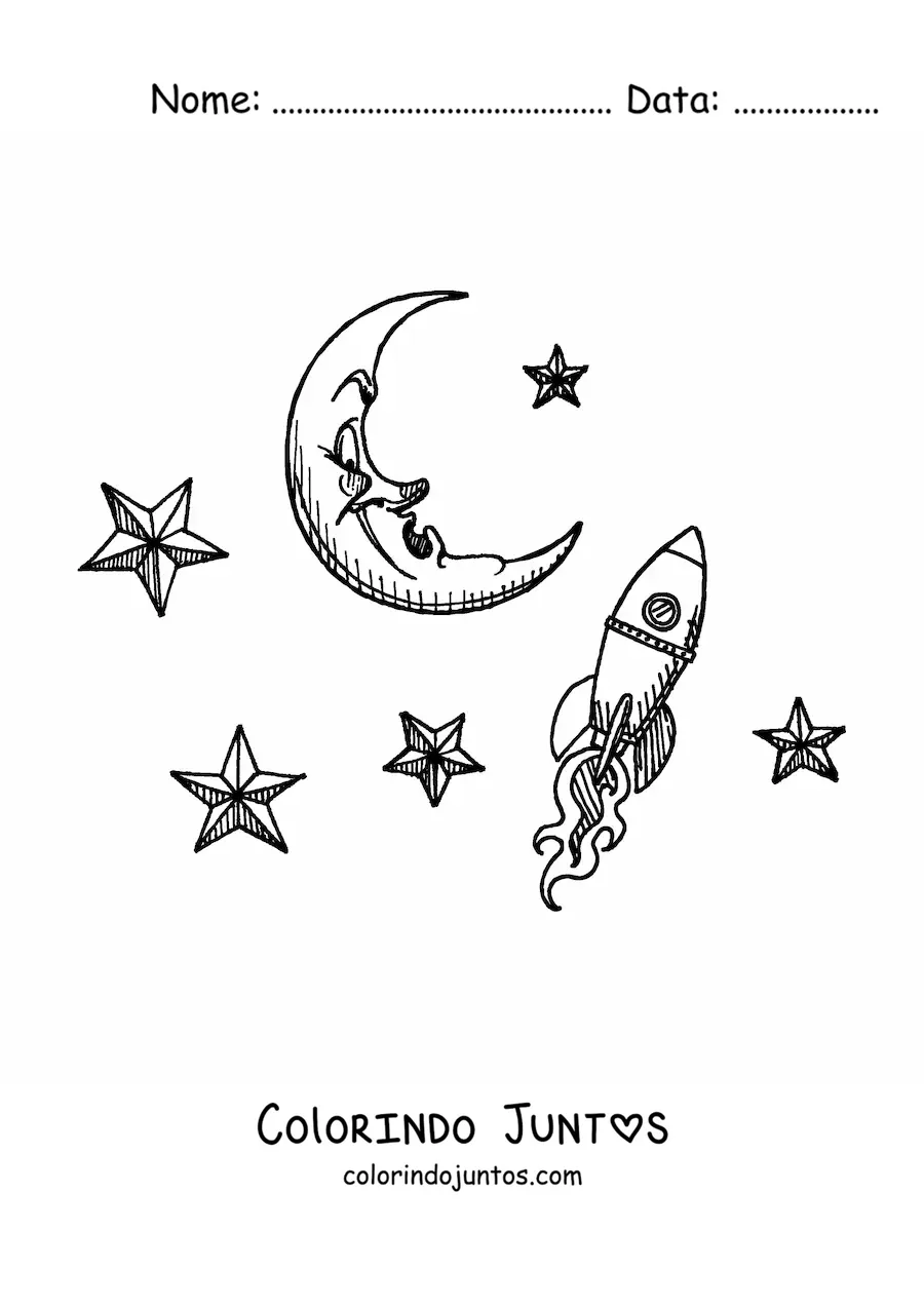 Desenho para colorir de um foguete em estilo cartum chegando a lua