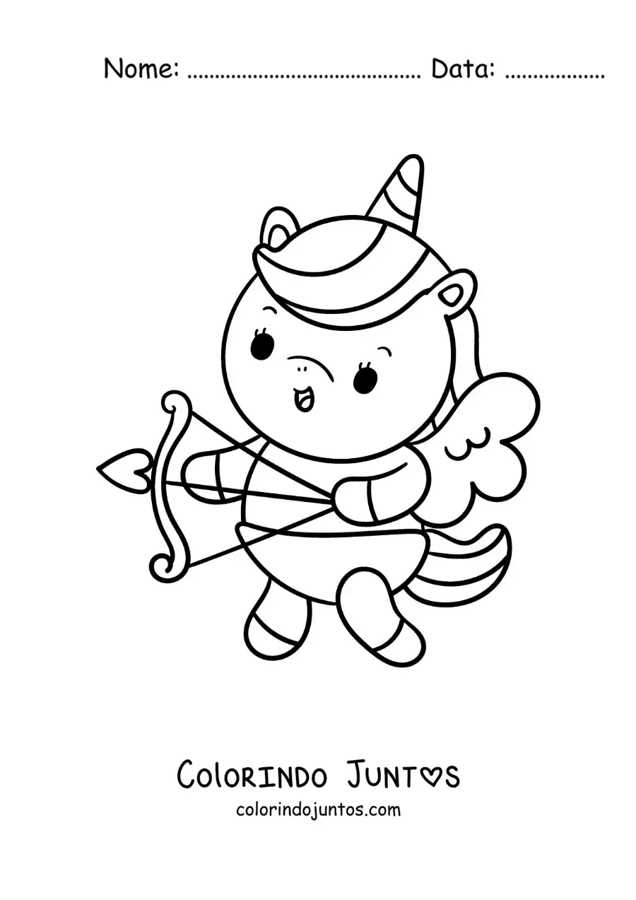 Desenho para colorir de unicórnio animado vestido de cupido atirando