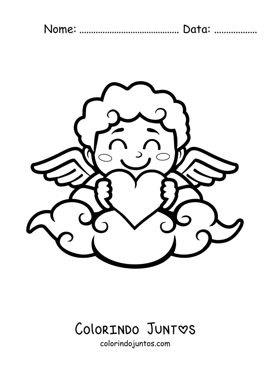 Desenho para colorir de cupido animado com um coração em uma nuvem