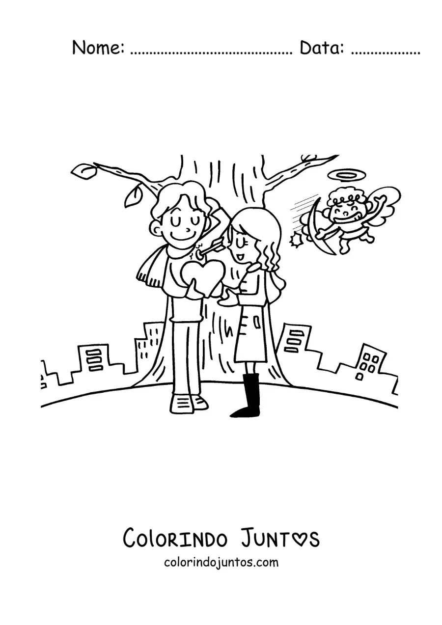 Desenho para colorir de cupido flechando um casal apaixonado