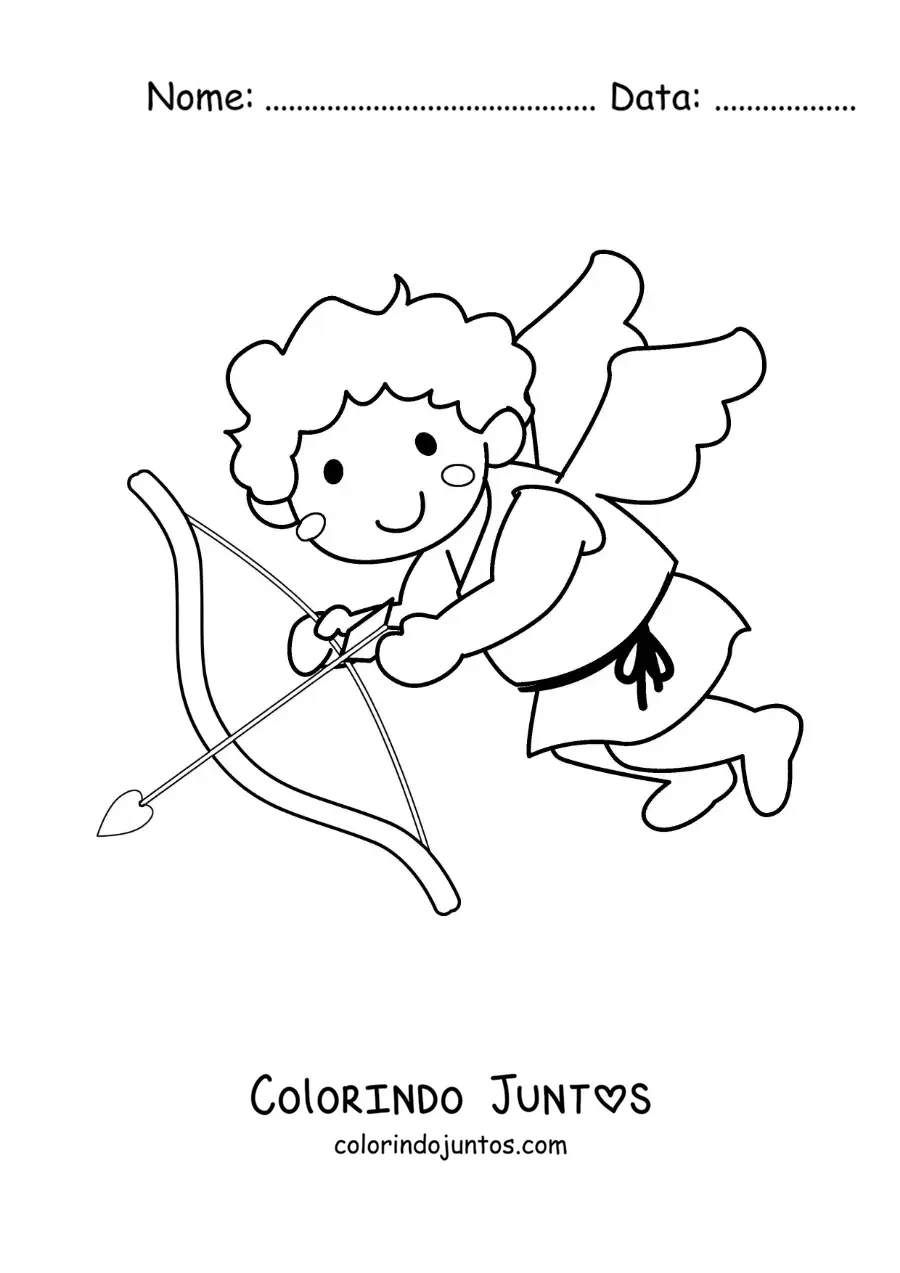 Desenho para colorir de cupido com um arco e uma flecha