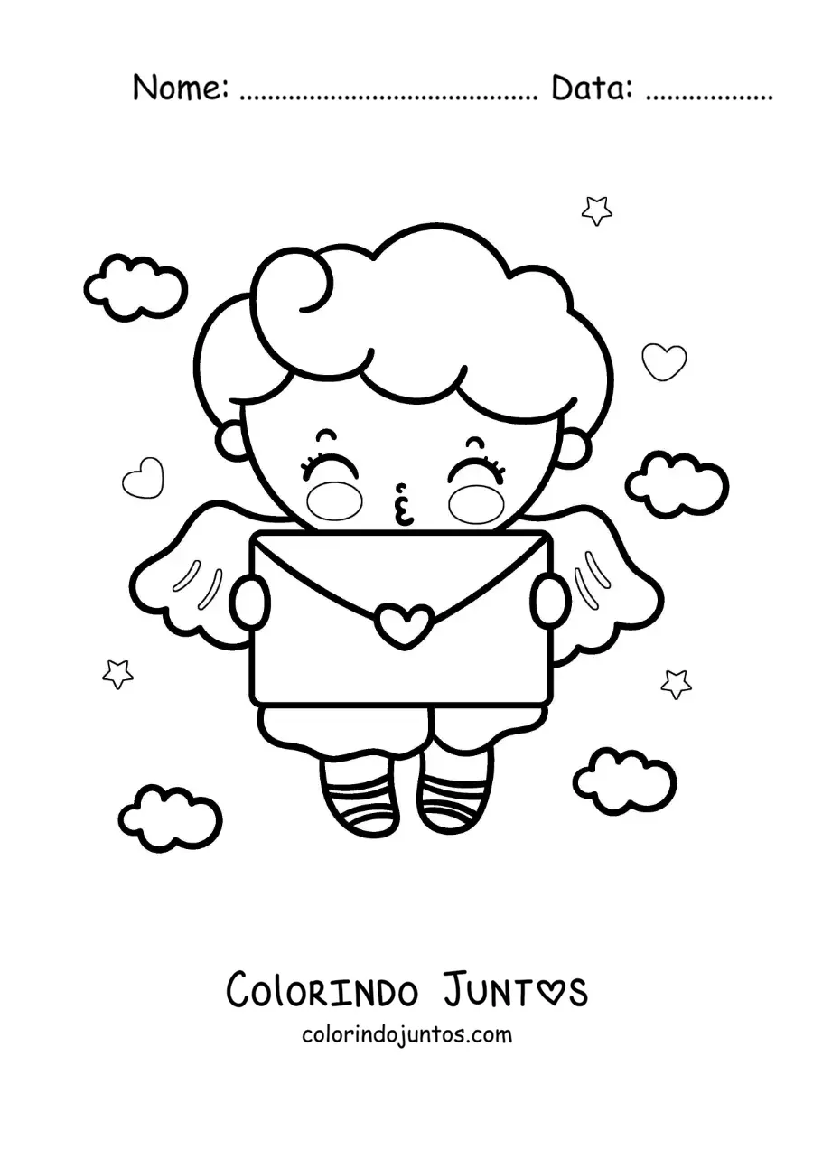 Desenho para colorir de anjo cupido animado com uma carta de amor