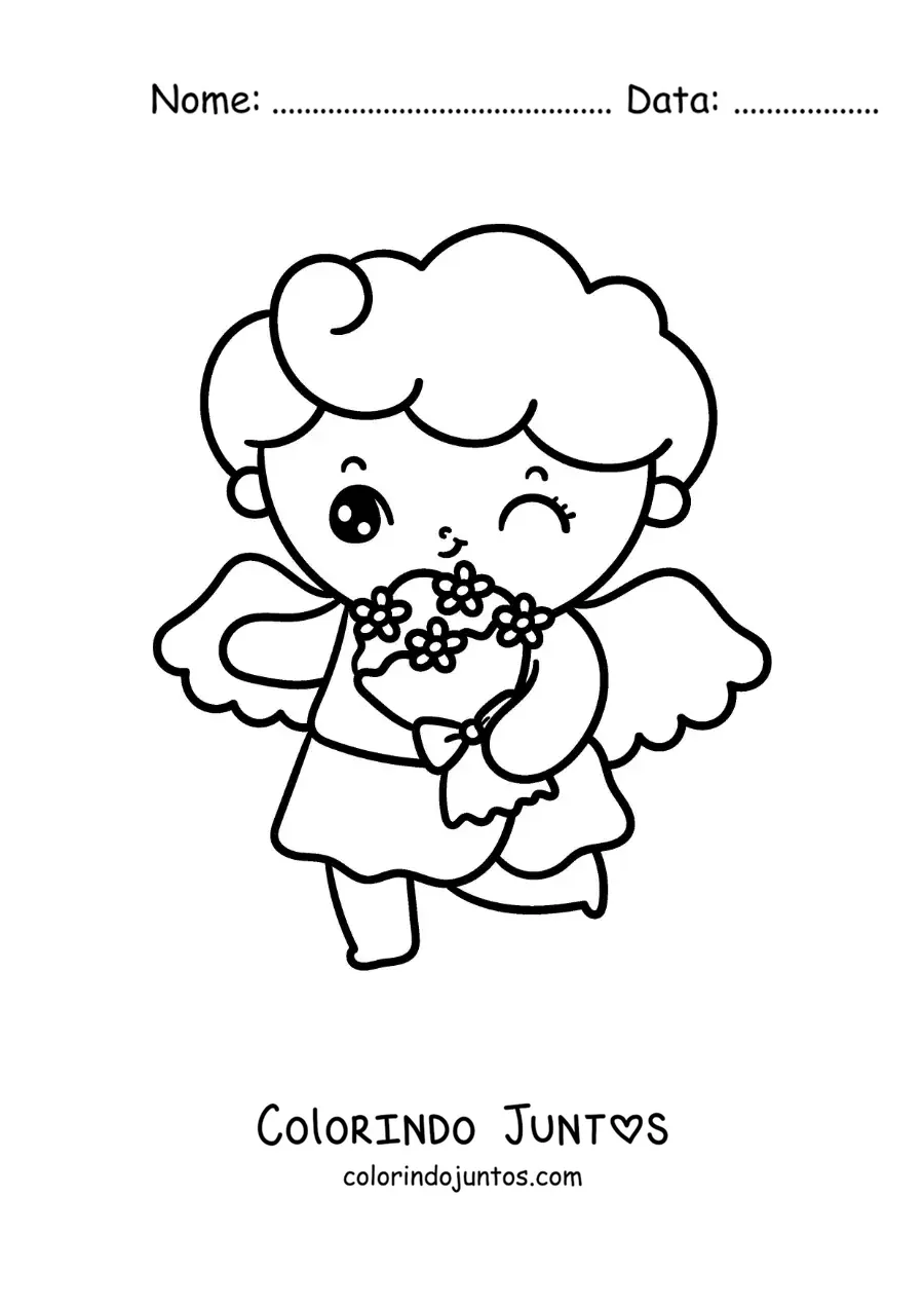 Desenho para colorir de anjo cupido animado com um buquê de flores