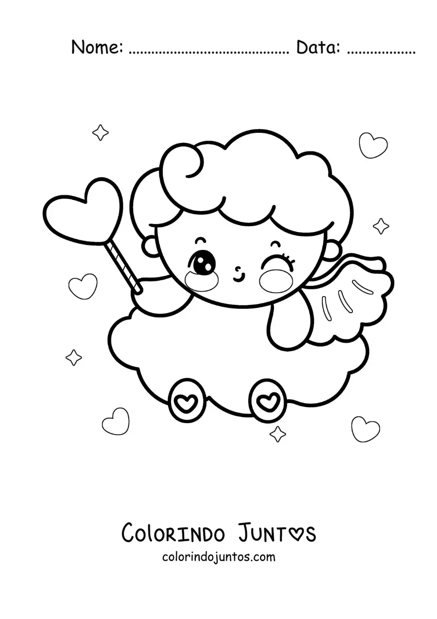 Desenho para colorir de anjo cupido animado com um coração em uma nuvem