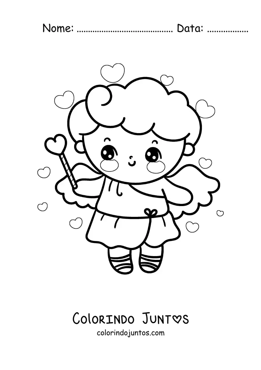 Desenho para colorir de anjo cupido animado com um coração