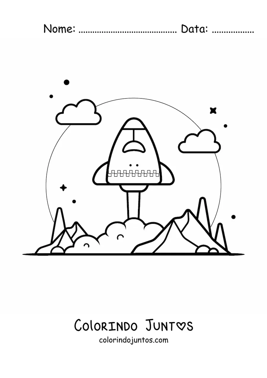 Desenho para colorir de um foguete decolando da terra