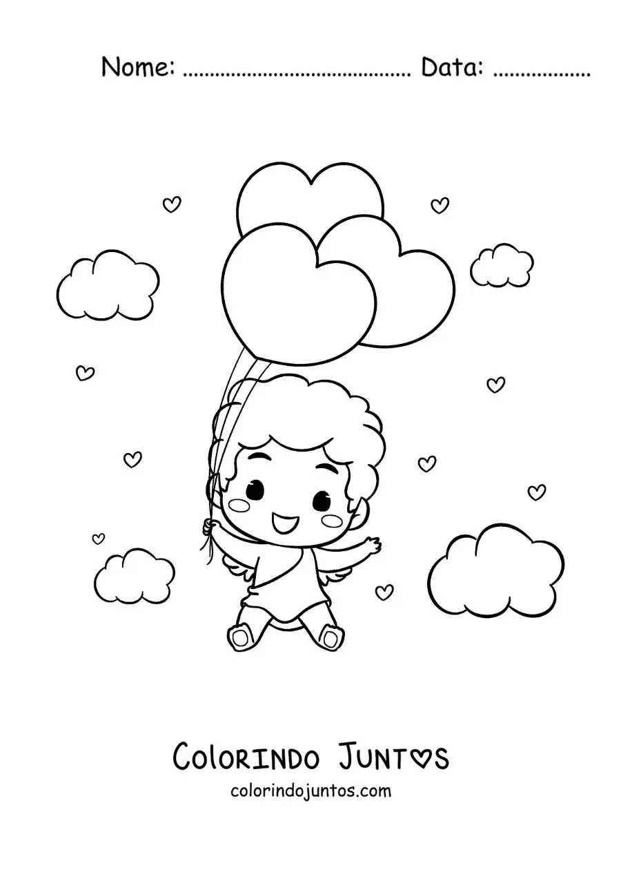 Desenho para colorir de engraçado cupido bebê animado com balões de coração