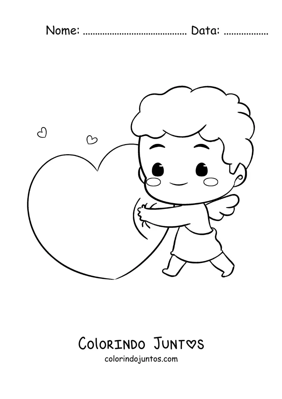 Desenho para colorir de lindo cupido bebê animado abraçando um coração