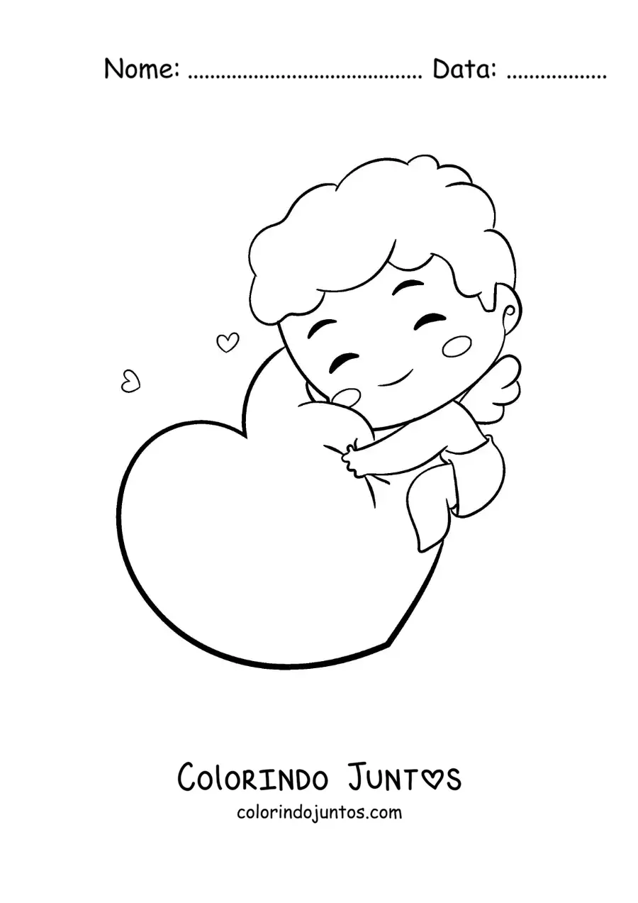 Desenho para colorir de lindo cupido bebê engraçado abraçando um coração