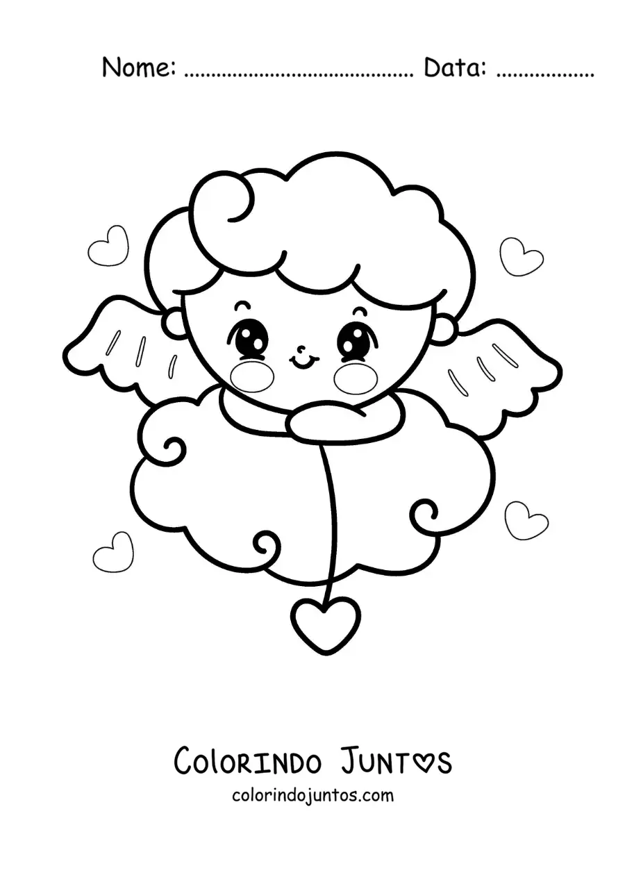 Desenho para colorir de lindo cupido bebê animado em uma nuvem