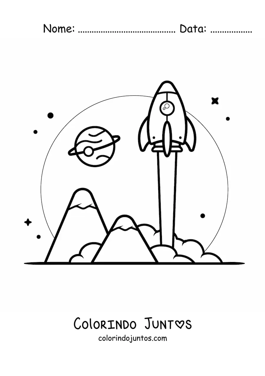 Desenho para colorir de um foguete decolando em direcao ao espaco