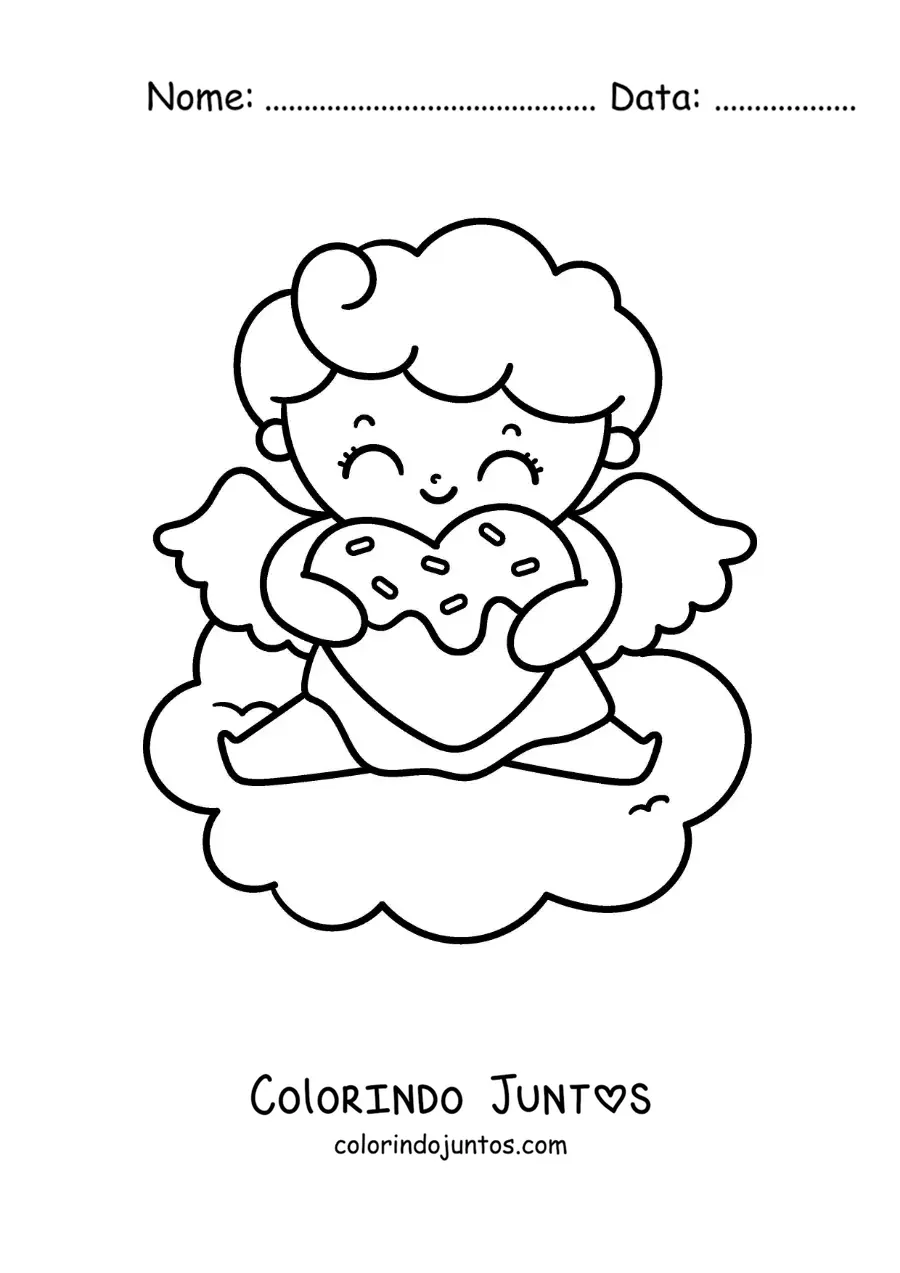Desenho para colorir de lindo cupido bebê animado com biscoito em forma de coração