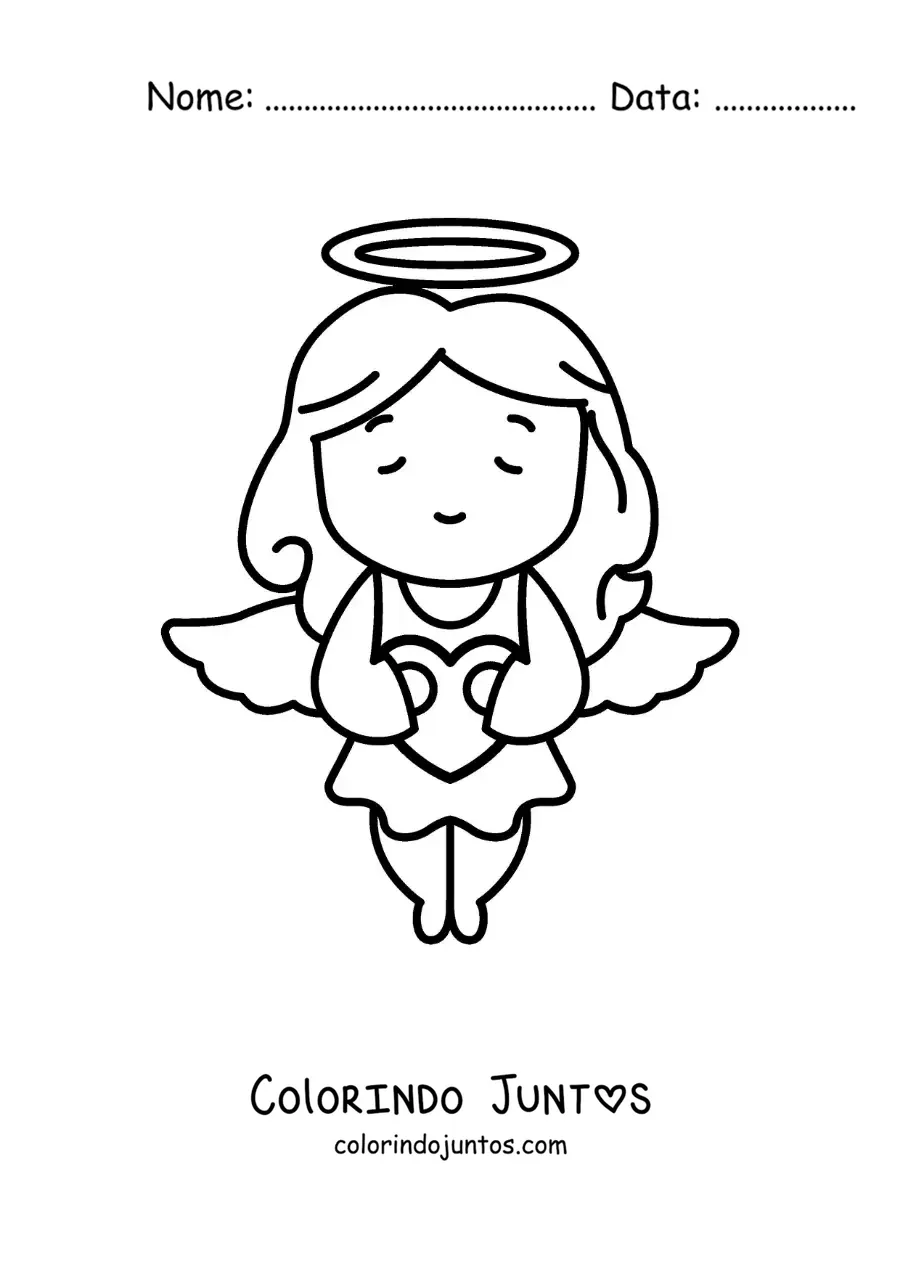 Desenho para colorir de anjo cupido voando com um coração