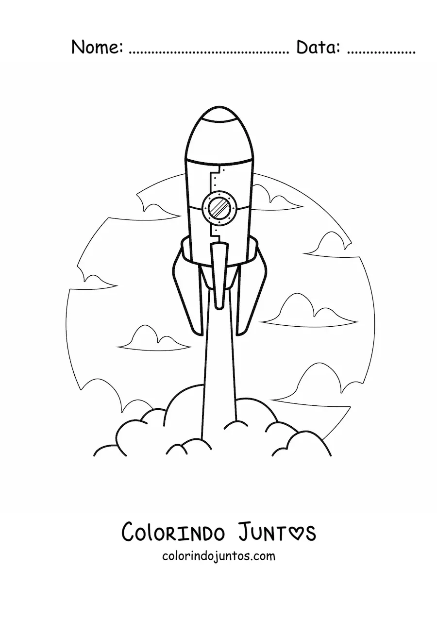 Desenho para colorir de um foguete decolando no ceu