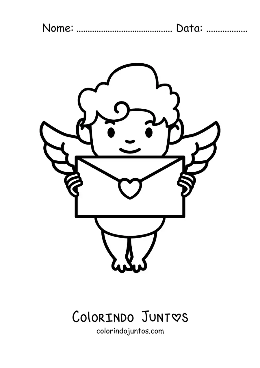 Desenho para colorir de cupido com uma carta de amor