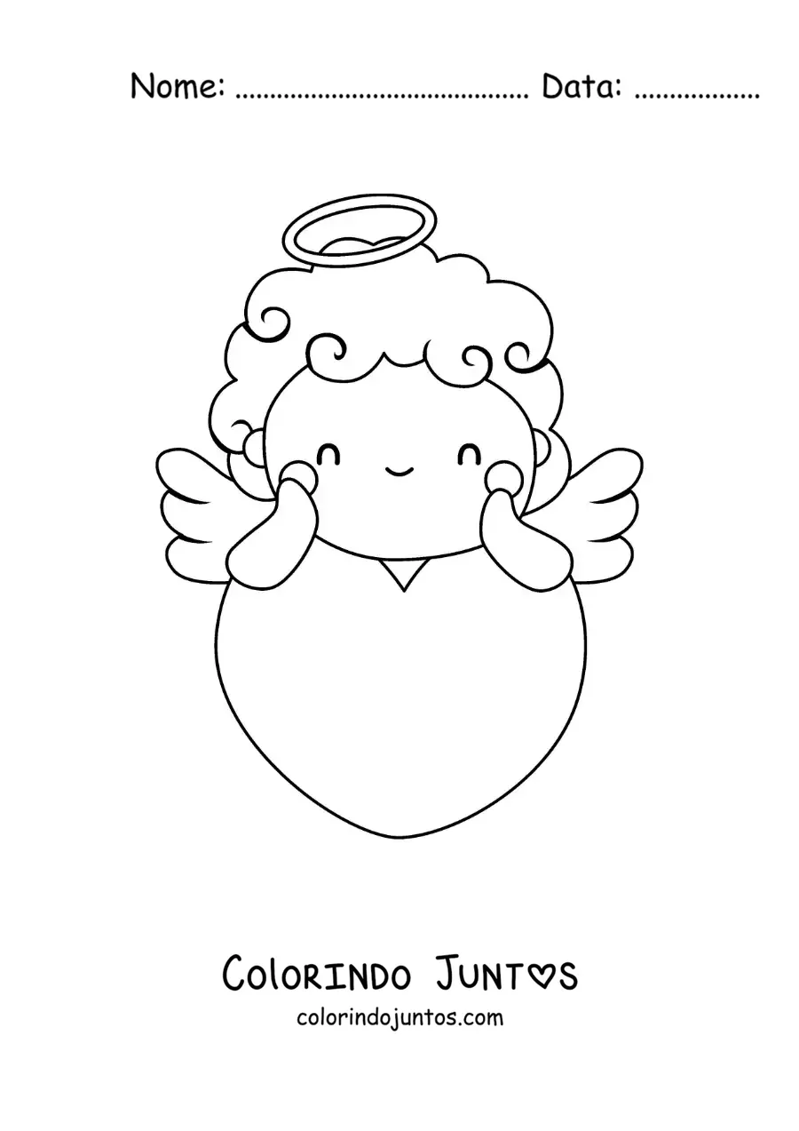 Desenho para colorir de cupido apoiado em um coração gigante