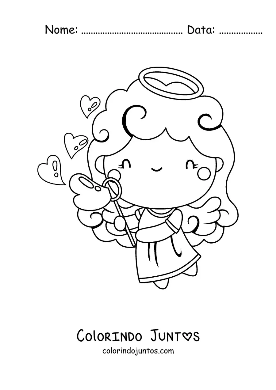 Desenho para colorir de anjo cupido com bolhas de coração