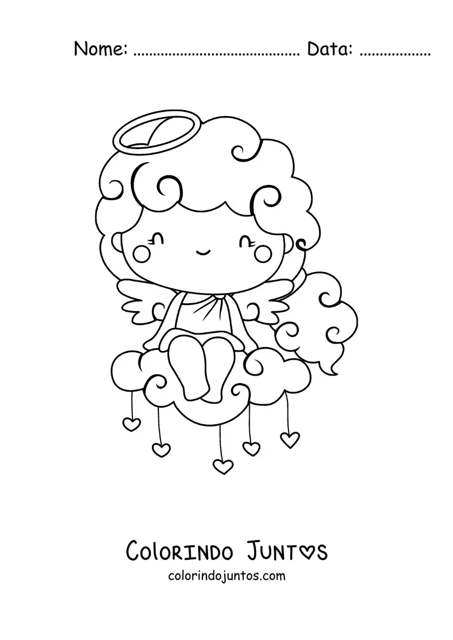Desenho para colorir de anjo cupido em uma nuvem com corações