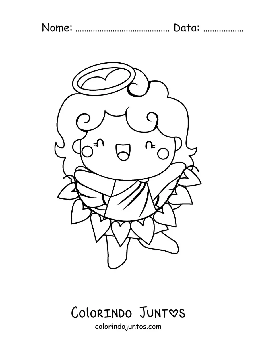 Desenho para colorir de anjo cupido com corações de dia dos namorados