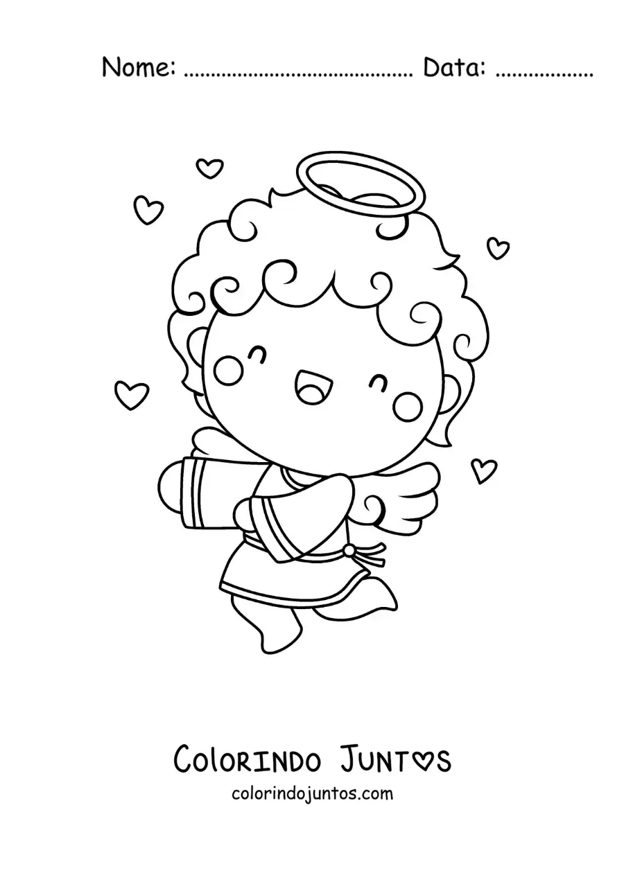 Desenho para colorir de anjo cupido voando com corações