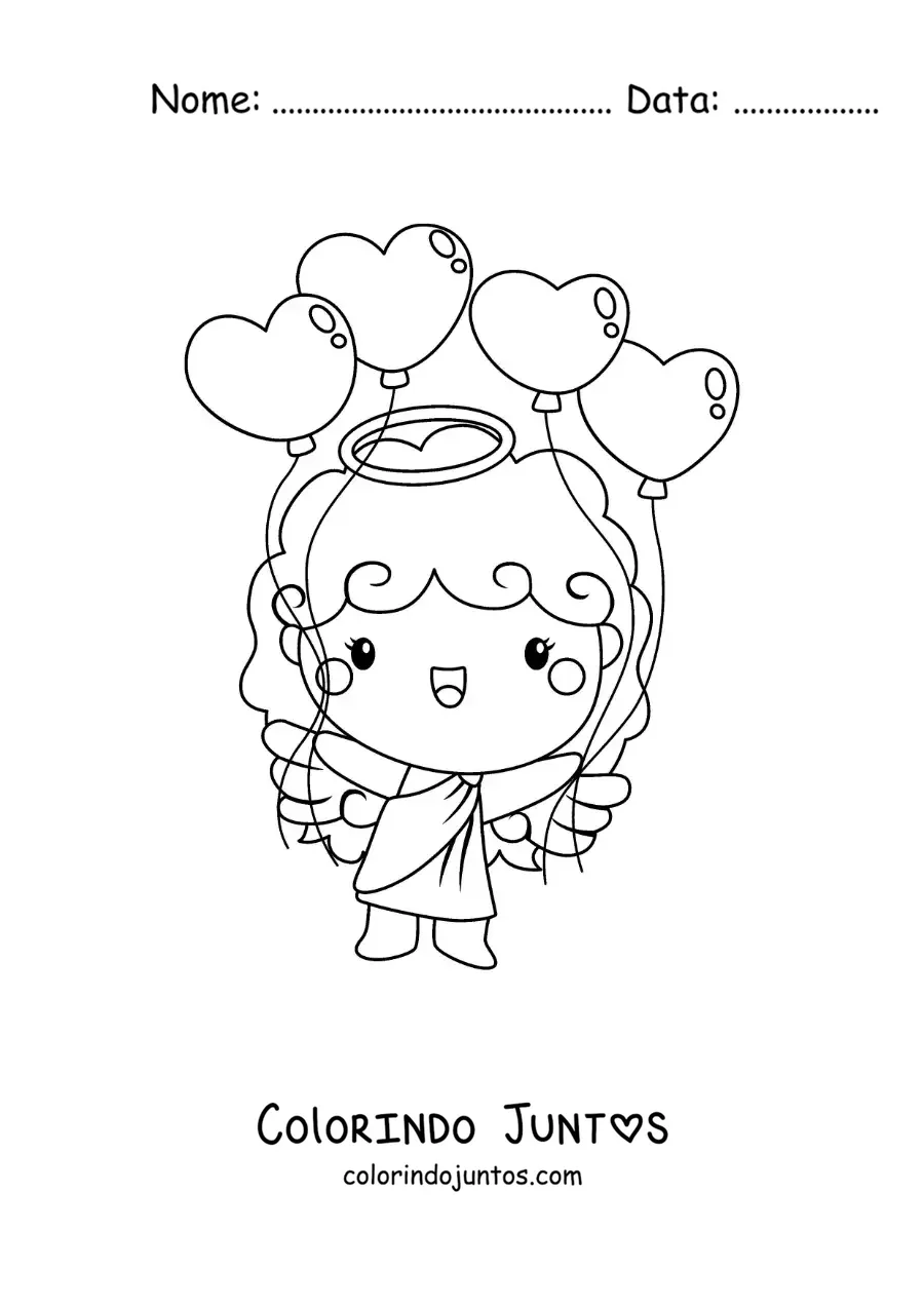 Desenho para colorir de anjo cupido com balões de dia dos namorados