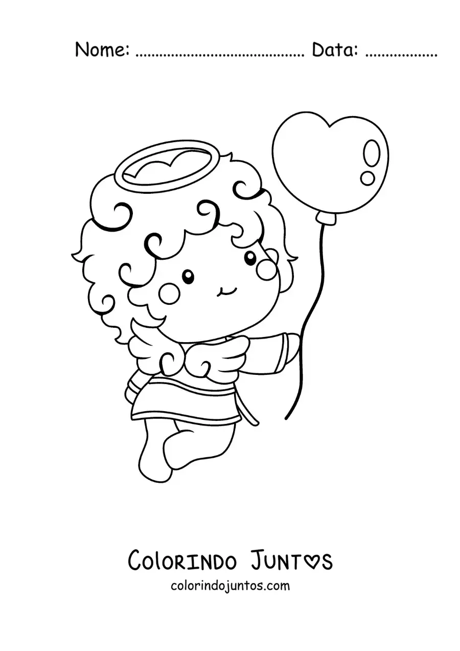 Desenho para colorir de lindo anjo cupido animado com um balão de dia dos namorados
