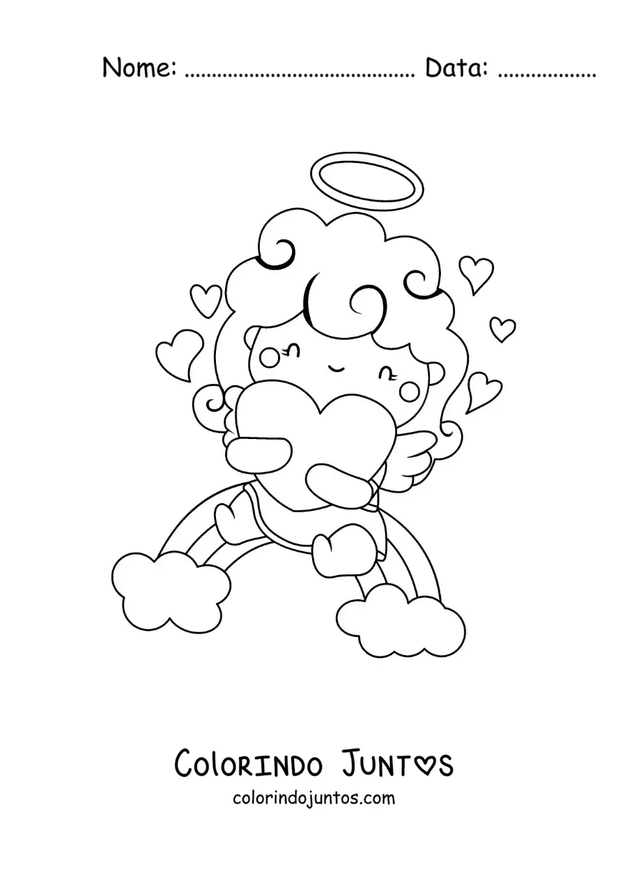 Desenho para colorir de anjo cupido em um arco-íris com corações