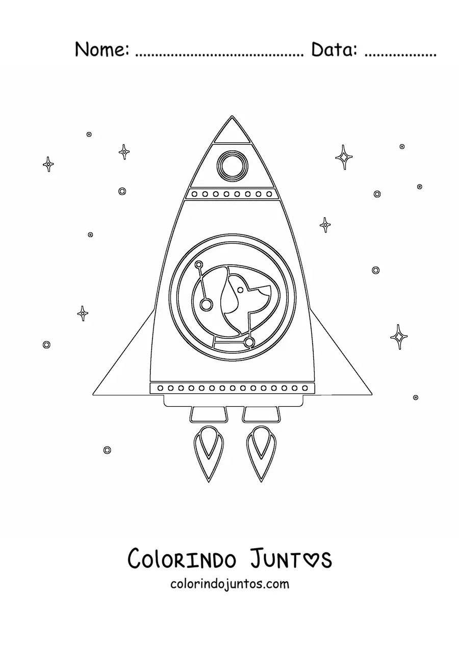 Desenho para colorir de um cachorro espacial animado em um foguete no espaco