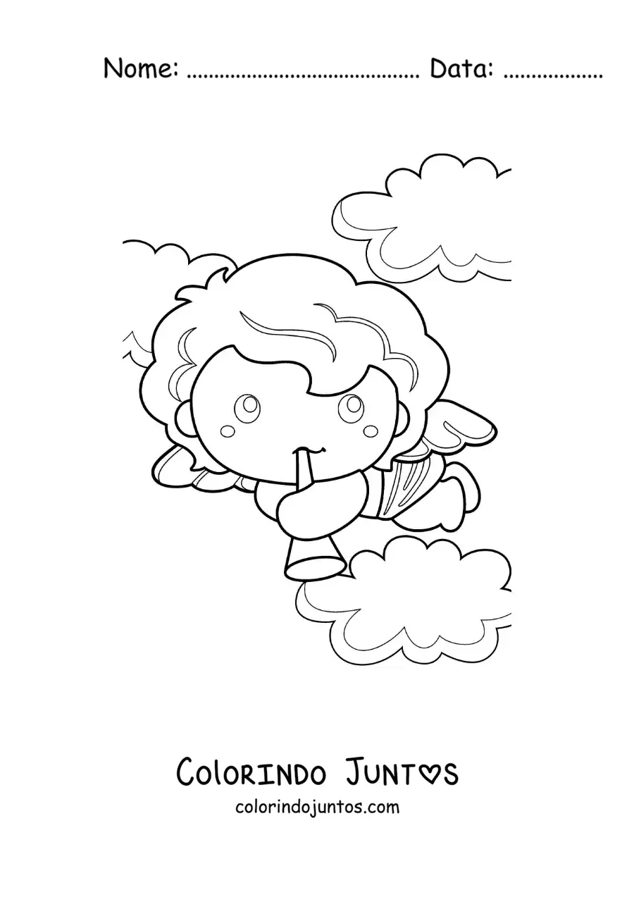 Desenho para colorir de anjo cupido com uma trombeta