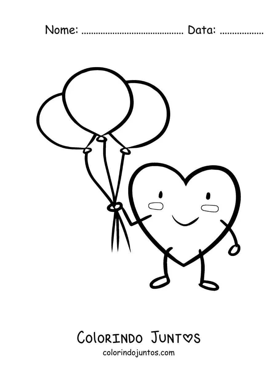 Desenho para colorir de fofo coração animado com balões