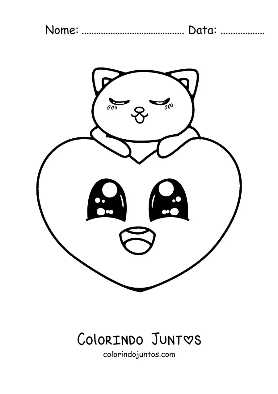 Desenho para colorir de coração bonito animado com um gatinho