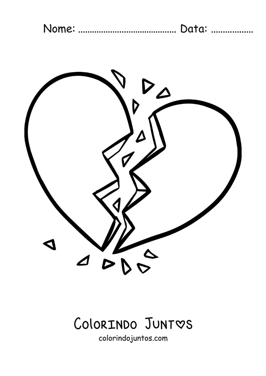 Desenho para colorir de coração partido despedaçado