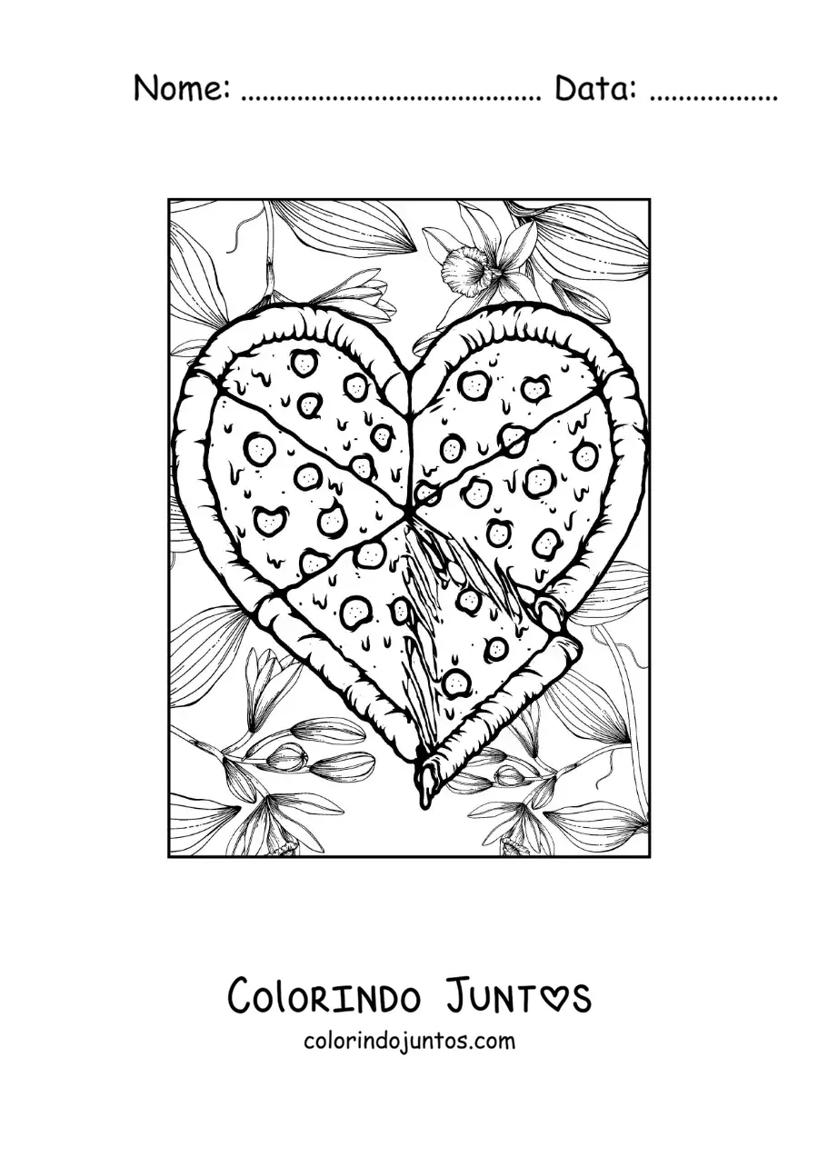 Desenho para colorir de pizza de coração grande