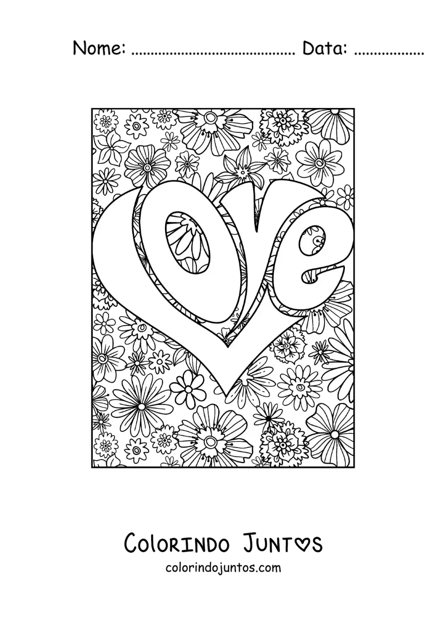 Desenho para colorir de coração de letras que dizem love