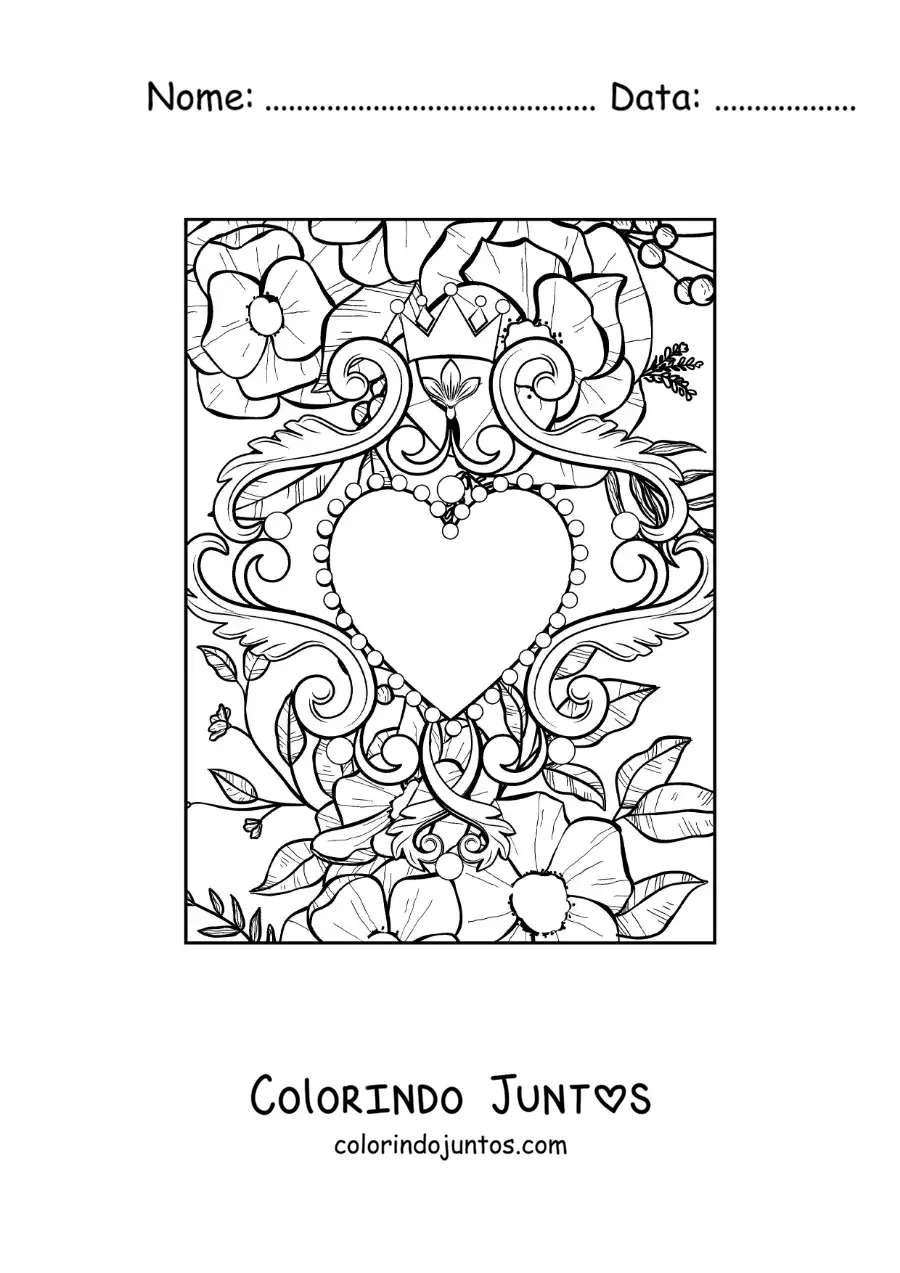 Desenho para colorir de coração com flores