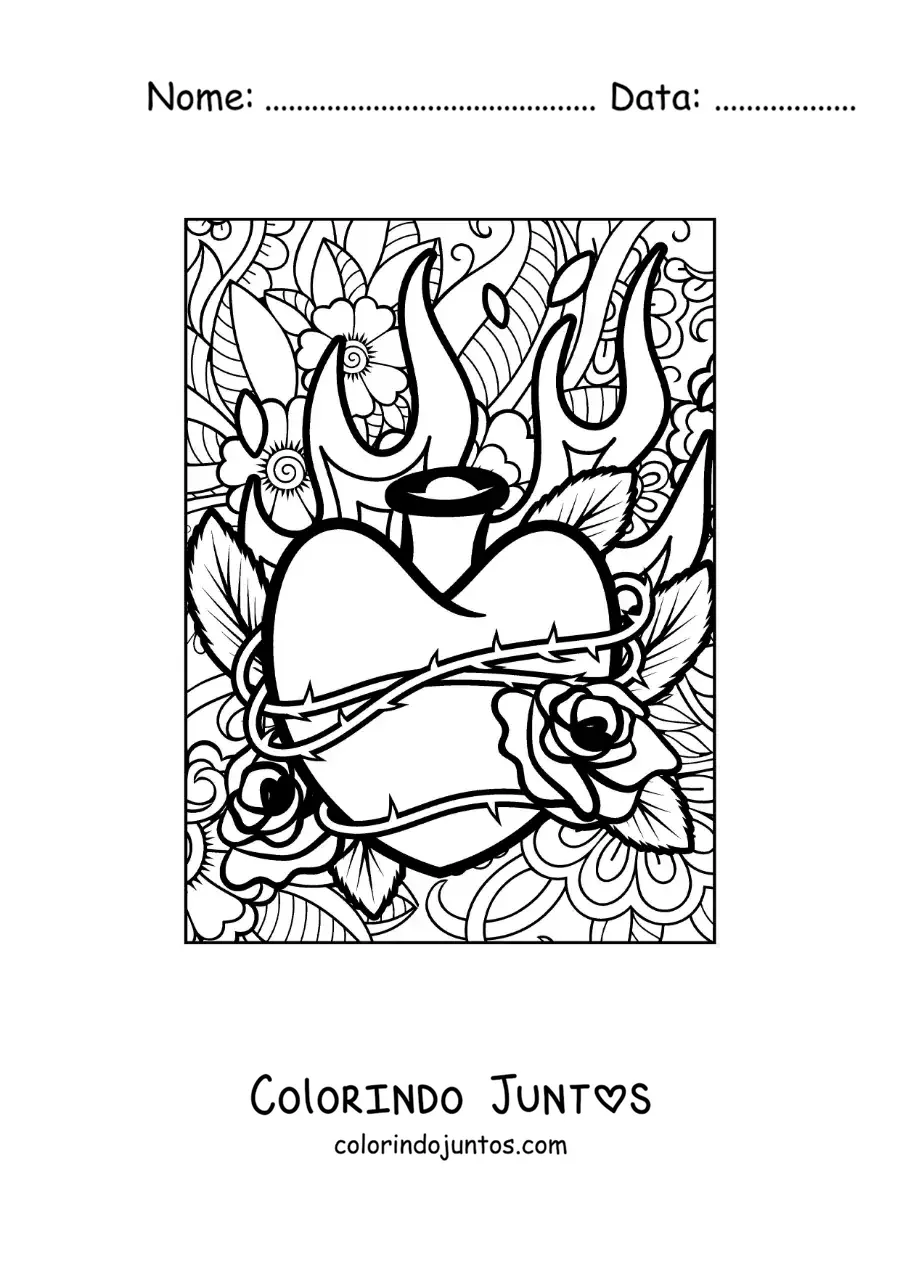 Desenho para colorir de coração em chamas