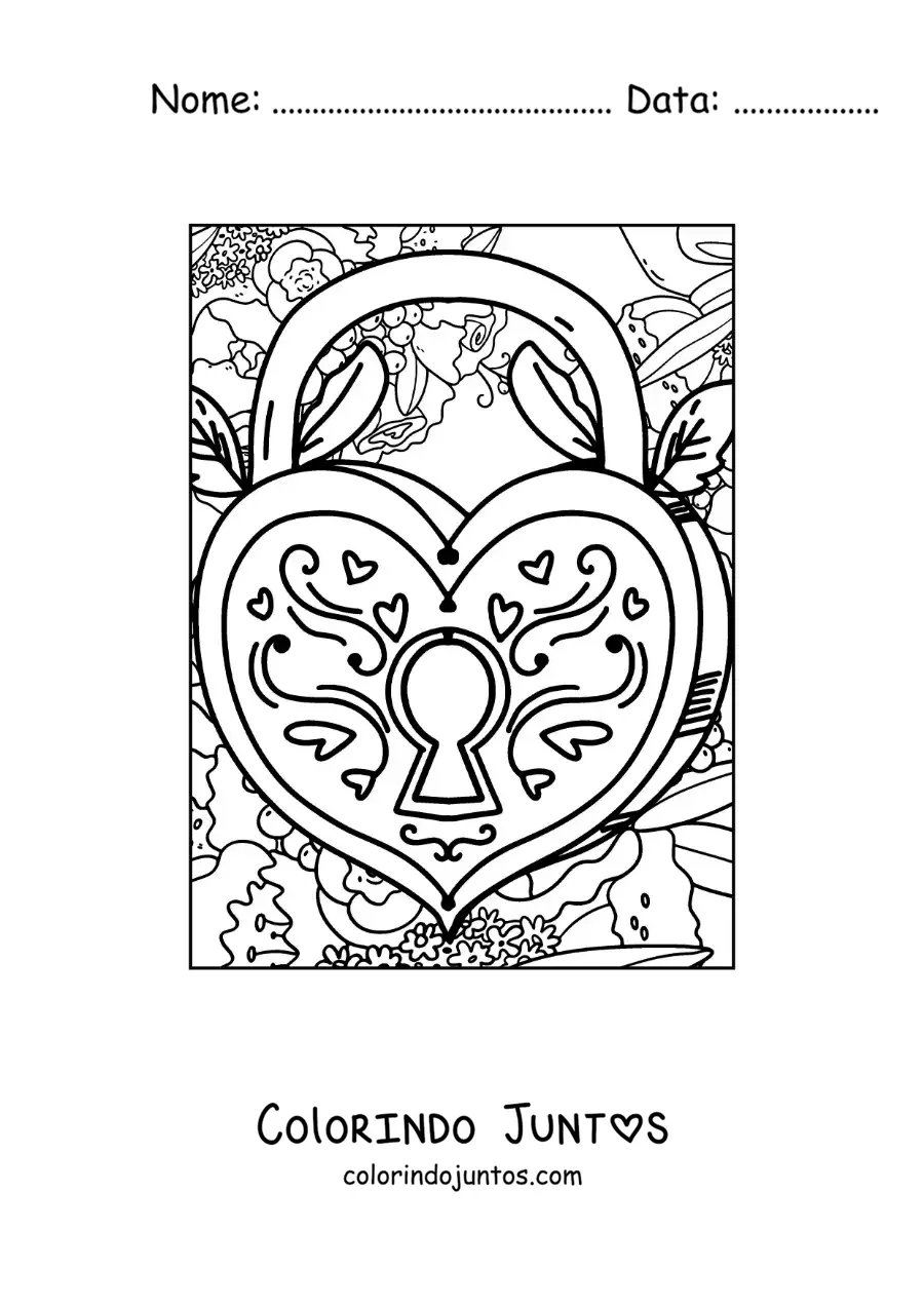 Desenho para colorir de cadeado em forma de coração
