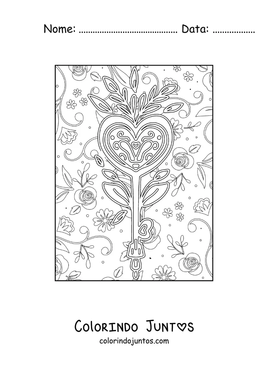 Desenho para colorir de chave em forma de coração