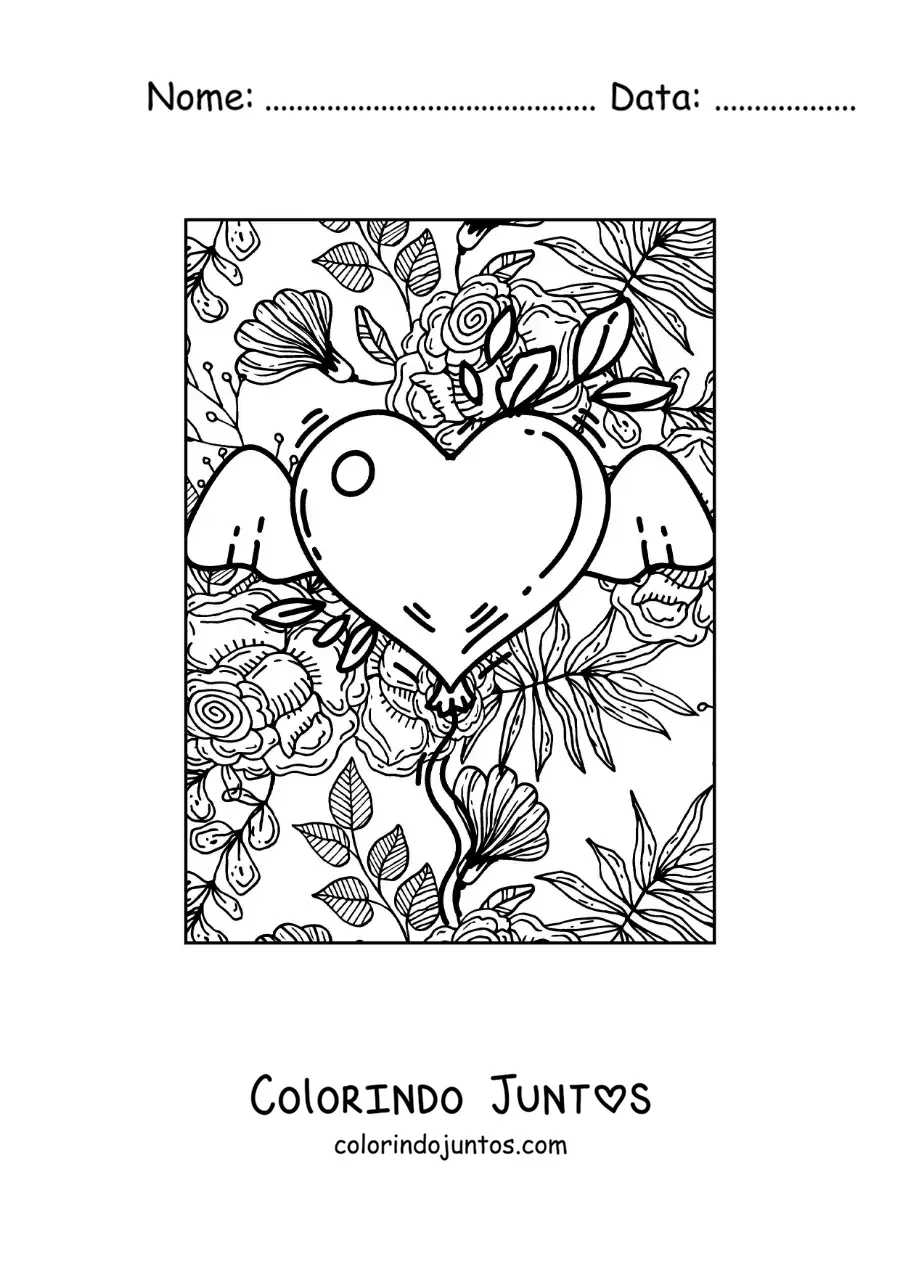 Desenho para colorir de coração com asas e flores